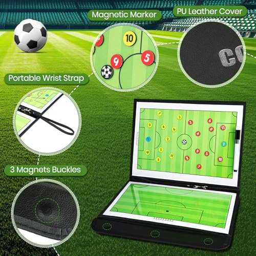 Foldable Magnetic Soccer Coaching Board, Portable Football Tactics Strategy Board with Dry Erase Markers and Magnetic Markers for Coaches Training, Great Gift for Kids Soccer Coach.