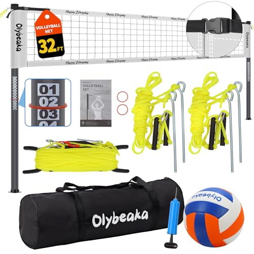 32ft / 20ft Portable Outdoor Volleyball Net Set for Grass Backyard Beach with 1.25" Height Adjustable Steel Poles, 28-ply Durable PE Net, PU Volleyball & Pump, Carry Bag - color: White, size: 32ft