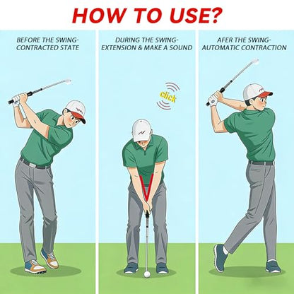 Retractable Golf Swing Trainer, Training Aid with Grip Trainer, Swing Mechanics for Beginners & Tempo Training for Advanced, Click Feedback, Arm Connection, Right/Left-Handed, Indoor/Outdoor