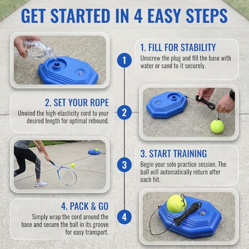Tennis Trainer, Tennis Practice Rebounder, Tenniss Buddy, Solo Training Equipment with Fillable Baseboard & Rope, Used for Backyard, Local Court, Or Even Park