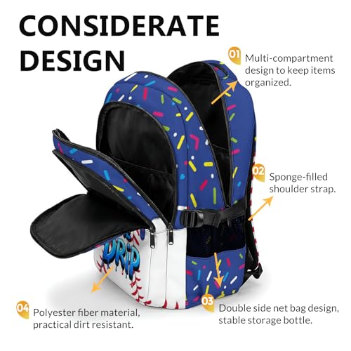 Kids Baseball Backpack Baseball Drip Bookbag, Cool 17 Inch Schoolbag for Elementary High Middle College Students - color: Navy Blue