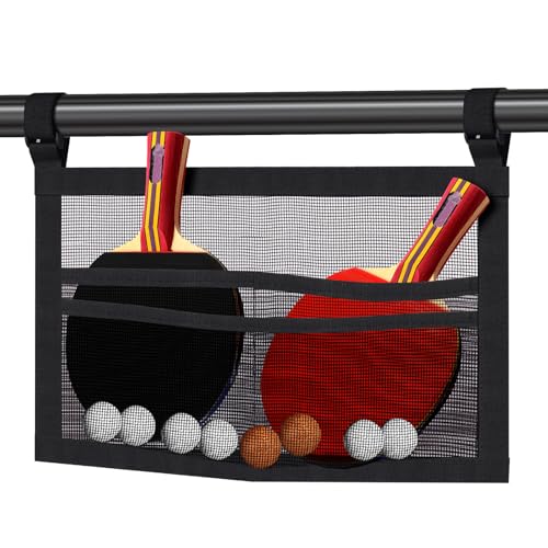 Ping Pong Paddle Holder, Hanging Mesh Storage Bag for Table Tennis Rackets & Balls, Under Table Organizer with Adjustable Straps, Fits Pickleball Paddles