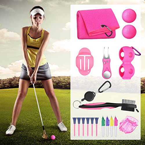 18 Pcs Pink Golf Accessories Kit Include Golf Ball Marker Balls Holder Club Groove Cleaner Brush Divot Repair Plastic Tees Towel with Clip Gift Set for Women