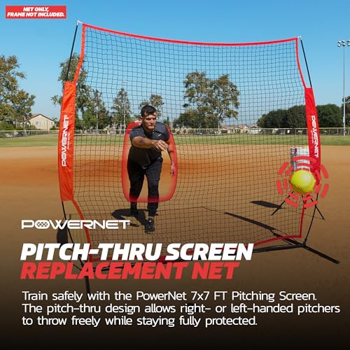 PowerNet 7x7 FT Pitch-Thru Protection Pitching Screen for Softball, 49 Sq Ft Barrier Net Only or Net + Frame, Portable Pitching & Batting Practice Net, Open Area in Net for Ball to Pass Through - style: Replacement Net