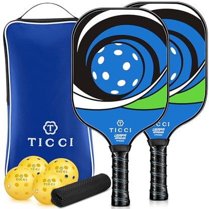 Pickleball Paddles Set of 2, USAPA Approved Fiberglass Pickleball Set with 4 Balls & Carry Bag, Lightweight Rackets for Beginners & Adults - color: Blue Green Kit