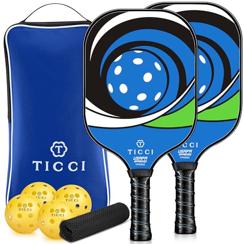 Pickleball Paddles Set of 2, USAPA Approved Fiberglass Pickleball Set with 4 Balls & Carry Bag, Lightweight Rackets for Beginners & Adults - color: Blue Green Kit