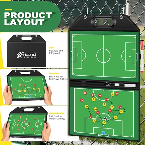 Soccer Coaching Board with Leather Cover, Magnetic Dry Erase Clipboard with Handle for Soccer Coaches | Foldable Full & Half Field Tactics Board with Markers and Clips - style: Soccer