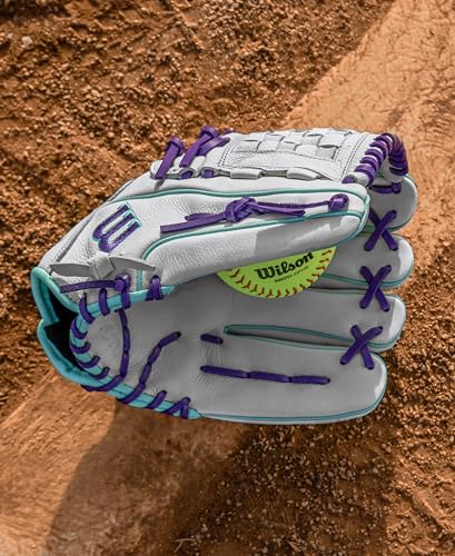 Wilson 2026 A500 Siren Fastpitch Softball Gloves - color: White/Seafoam/Purple, size: Infield/Pitcher: 12"