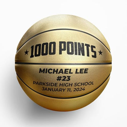 Custom Metallic Gold Basketball with Display Stand | Official Size | Personalized with Your Text! | Great for Awards, Banquets, Senior Night, Milestones, and Coach Gift - style: 1000 Points