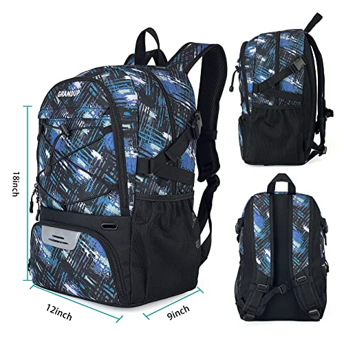 GRANDUP Basketball backpack with ball and shoes compartment Fit Volleyball, soccer, Swim, Gym, Travel, and School, large capacity sports training equipment bags - color: blue art