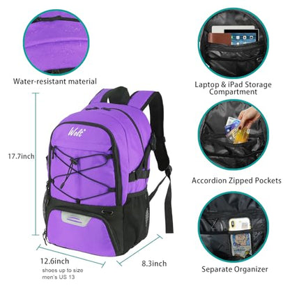WOLT Basketball Backpack Large Sports Bag with Separate Ball Holder & Shoes Compartment, Best for Basketball, Soccer,Gym - color: Purple