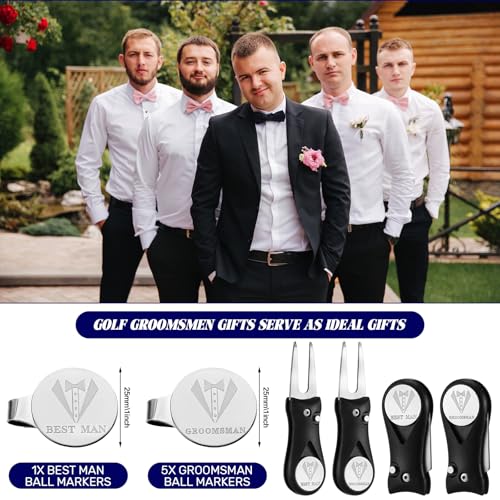 Sliner 6 Sets Groomsman Golf Proposal Gifts Include Groomsman Golf Ball Marker and Magnetic Divot Tool with Gift Box for Wedding