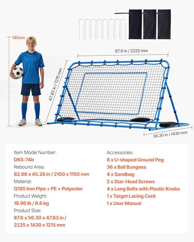 VEVOR Soccer Rebounder Net, Quick-Switch Angle Soccer Goal Rebounder for Control, Passing Practice, Heavy-Duty Iron Frame & PE Net, Easy Setup Ball Training Equipment for Teens&Adults - size: 7x4FT