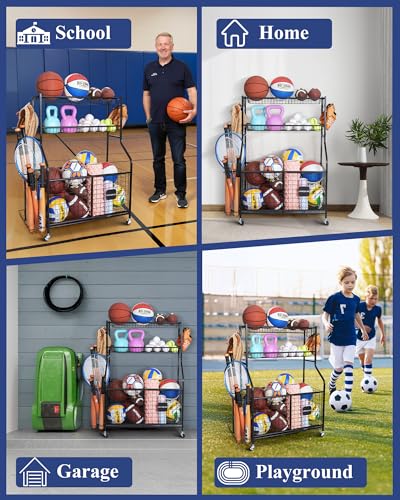 Sports Equipment Storage Organizer Rack with Rolling Wheels, Garage Ball Storage Cart for Basketball, Soccer, Baseball, Heavy-Duty Metal Sports Rack for Garage, Home, School Gym