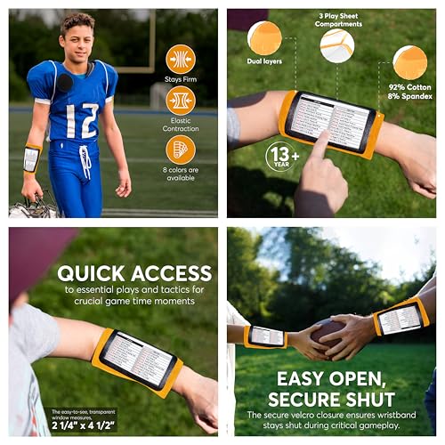 Football Play Wristbands | Sports Playbook Band | Youth Quarterback Gear | Wristband Playbook | Softball Wristbands for Signs - color: Orange