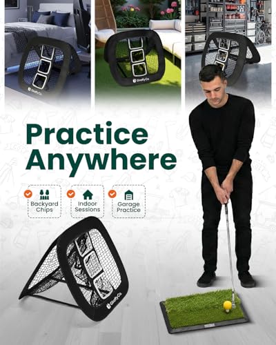 Golf Chipping Net Set with Mat & Practice Balls - Pop-Up 3-Target Chipping Net, Scoring Board, Tee & Carry Bag - Indoor/Outdoor Backyard Short Game Training Aid