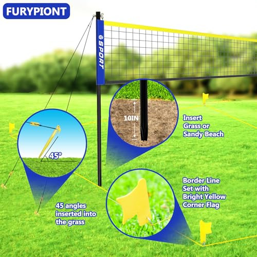 Beach Volleyball Net System with 4 Sand Anchors.Easy Setup Adjustable Height Poles with 2 Volleyball Ball,Pump,Boundary Line，Carry Bag.Volleyball Net for Backyard,Grass and Lawn - size: 20.1FT