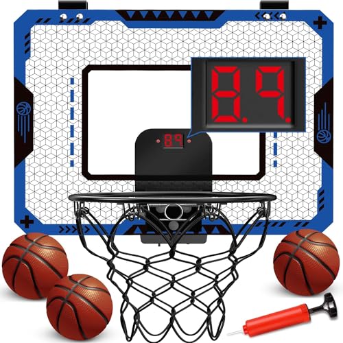 Indoor Basketball Hoop for Kids Age 5-10, Mini Basketball Hoop Over The Door Basketball Hoop with Electronic Scoreboard & 3 Balls - Door Basketball Hoop Indoor for Gift for Boys Age 5-10 - color: Indoor Basketball Hoop-blue