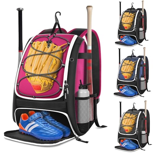 BROTOU Baseball Bag, Softball Bag for Baseballgear & T-Ball Bat, Baseball Backpack with Shoes Compartment for Men/Women - color: Pink
