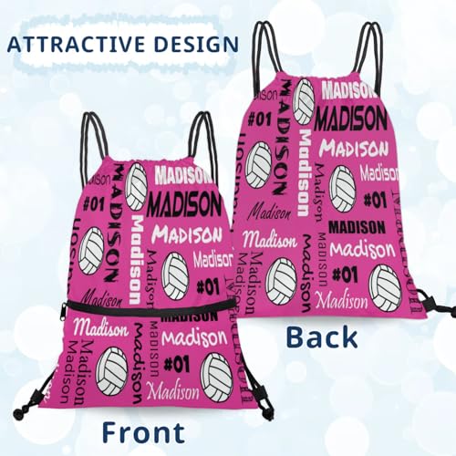 Custom Volleyball Style Drawstring Bag, Personalized Sports Ball Backpack Drawstring Sack Cinch Bags for Team Gift Party Favors, Dark Pink - color: Light Purple