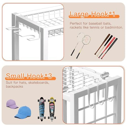FAMIDGE Sports Equipment Organizer, Ball Storage Rack with Elastic Straps, Garage Sports Organizer Storage Cart with Hooks, Basketball Rack for for golf, Football, Soccer Ball, Bat, White
