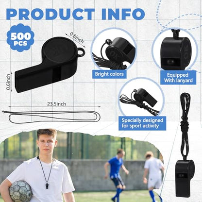Arrowbash 500 Pcs Plastic Whistles Bulk with Lanyard Loud Crisp Sound Sports Whistle for Birthday Party Goody Bag Fillers Referees Coaches Survival (Solid Color Style,Black)