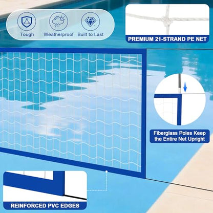 Pool Volleyball Net Set with Bright LED Lights, Solar Volleyball Net with 15-32FT Adjustable Length for Inground Pools, Water Volleyball Net with 2 Balls & Pump for Swimming Pool Party & Games