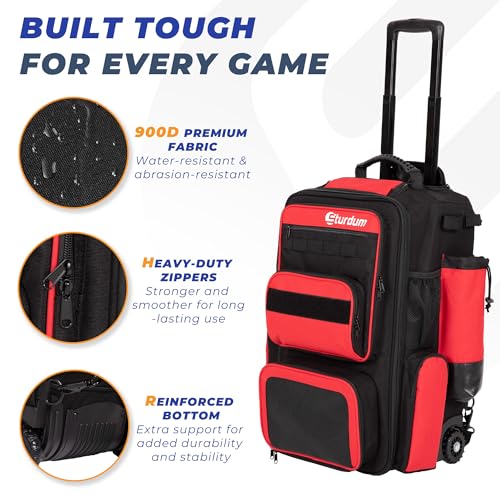 Rolling Baseball Bag with Wheels, 70L Large Capacity Baseball Backpack with Hidden Shoulder Strap, Sturdy Softball Bag with Multi-Pockets, Shoe Compartment, Fence Hooks for Players, Coaches - color: Red