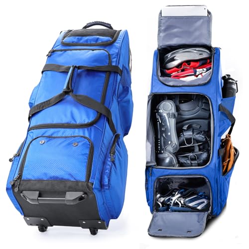 Large Rolling Baseball Catchers Gear Bag with Wheels, Softball Bag with Hard Backing for 4 Bats,Equipment Bag with Separate Shoe & Helmet Compartments, Youth Baseball Bag with 360° Spinner Wheels - color: Blue, size: Style B - Heavy-Duty Rolling Base