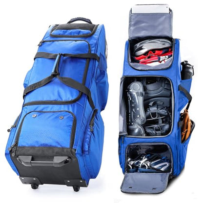 Large Rolling Baseball Catchers Gear Bag with Wheels, Softball Bag with Hard Backing for 4 Bats,Equipment Bag with Separate Shoe & Helmet Compartments, Youth Baseball Bag with 360° Spinner Wheels - color: Blue, size: Style B - Heavy-Duty Rolling Base