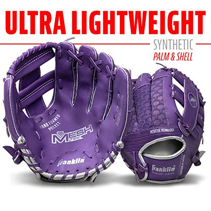 Franklin Sports Kids Baseball Glove + Foam Ball Sets - Meshtek Youth Teeball Gloves for Kids + Toddlers - Left + Right Hand Throw - 9.5" Inch - color: Purple/Chrome