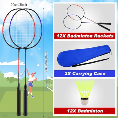 12 Pack Badminton Rackets Set Including Badminton Racquets, Nylon Shuttlecocks and Carry Bag for Outdoor Backyard Games Beginners - color: Dark Blue-black, Red Black