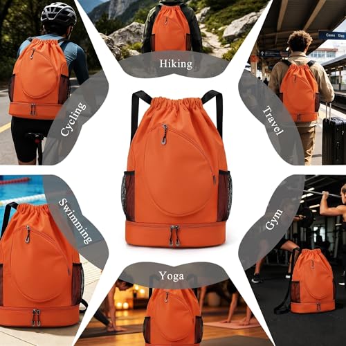 Sports Drawstring Backpack, Badminton Gym Bag Holds 2 Rackets with Shoe Compartment, Off-work, Everyday & Overnight Weekend - color: Orange