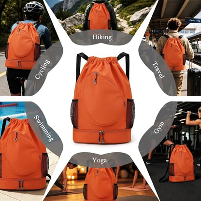 Sports Drawstring Backpack, Badminton Gym Bag Holds 2 Rackets with Shoe Compartment, Off-work, Everyday & Overnight Weekend - color: Orange