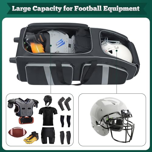 Football Bag with Wheels, Large Capacity Durable Football Gear Bag with & Multi-pocket, Tackle Player Equipment Bag Rolling Sport Bag for Football Accessories
