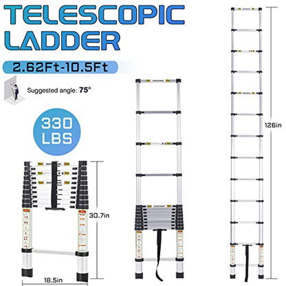 RIKADE Telescopic Ladder, 10.5 ft Aluminum Telescoping Ladder with Non-Slip Feet, Portable Extension Ladder for Household and Outdoor Working, 330 lb Capacity