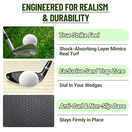 SPOYNAL 4-in-1 Golf Hitting Mat, Turf Golf Hitting Mat for Putting, Driving & Chipping, Indoor/Outdoor Portable Golf Practice Mat with Realistic Grass/Sand Surface and Tees