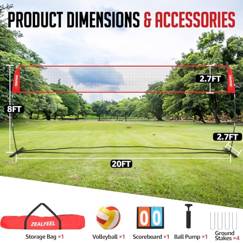 ZEALFEEL Volleyball Net, 12ft/20ft Volleyball Training Net for Backyard Height Adjustable, Portable Freestanding Practice Net for Hitting & Serving Drills, Pop up Net with Carry Bag for Indoor Outdoor - size: 20 FT Volleyball Net Set