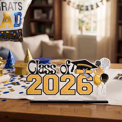 Smile 2026 Graduation Wooden Standing Decor Set, 2-Piece Class of 2026 Balloon Bouquet Tiered Tray Tabletop Signs with Stands for Graduation Party Decorations - style: Letter 2026