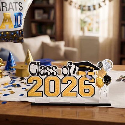 Smile 2026 Graduation Wooden Standing Decor Set, 2-Piece Class of 2026 Balloon Bouquet Tiered Tray Tabletop Signs with Stands for Graduation Party Decorations - style: Letter 2026