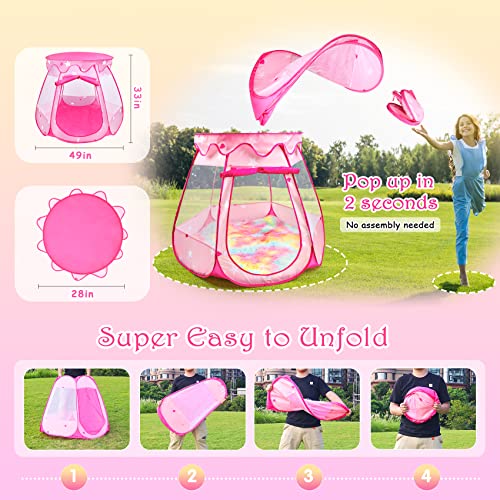 Princess Castle Girls Play Tent with Rainbow Rug Star Lights Pop Up Play Tent for Toddlers Kids DISHIO Playhouse Toys for 1,2,3 Years Birthday Gifts Fairy Girls Tent with Mat Indoor Outdoor Kids Play - style: Tent with rainbow rug/lights