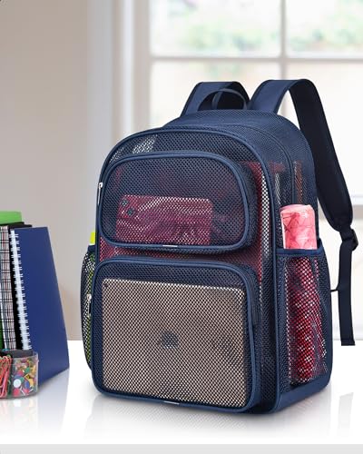 MAY TREE Mesh Backpack Heavy Duty Big Mesh Bag Large Capacity for Travel Beach Hiking Outdoor Sports with Paded Strap, Blue - color: Blue