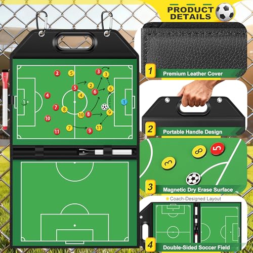 Soccer Coaching Board with Leather Cover, Magnetic Dry Erase Clipboard with Handle for Soccer Coaches | Foldable Full & Half Field Tactics Board with Markers and Clips - style: Soccer