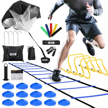 GHB Agility Ladder,Football Training Equipment Set,4 Agility Hurdles, 20 feet12 Rungs Speed Ladder,12 Disc Cones,Resistance Parachute, Jump Rope, 5 Resistance Bands - color: Blue
