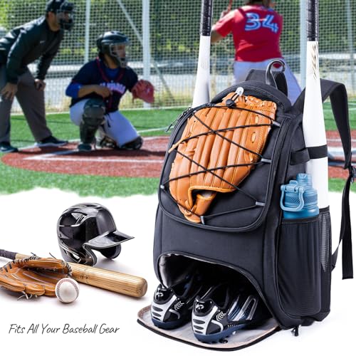 Youth Baseball Bag Backpack with Bat Holder for Boys Girls Baseball & Softball Bat Bag for T-Ball Equipment, Kids Baseball Backpack with Shoe Compartment & Glove Storage - color: Black