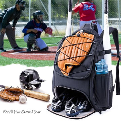 Youth Baseball Bag Backpack with Bat Holder for Boys Girls Baseball & Softball Bat Bag for T-Ball Equipment, Kids Baseball Backpack with Shoe Compartment & Glove Storage - color: Black