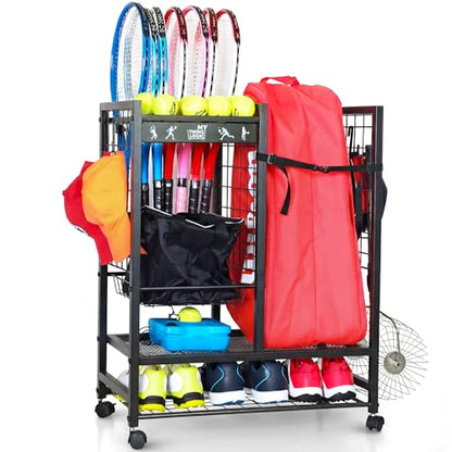Mythinglogic Tennis Bag Storage Rack, Tennis Racket and Ball Organizer, Tennis Equipment Holder for Garage, Club, School