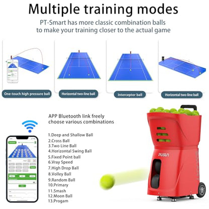 PT-SMART Tennis Ball Machine - Smart App for Apple Watch & Phone Control, Tennis Ball Launcher with 20 Landing Points, 12 Training Modes & 4-6h Battery Life, Tennis Serving Machine - color: Red