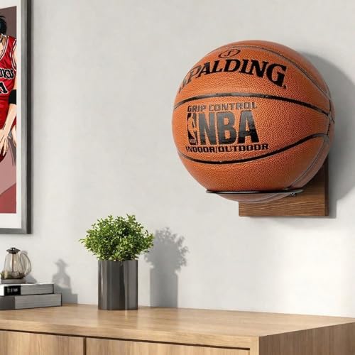 Wall Mount Basketball Holder with Wooden Base, Adjustable Metal Sport Rack for Football Basketball Soccer Rugby Display Rack