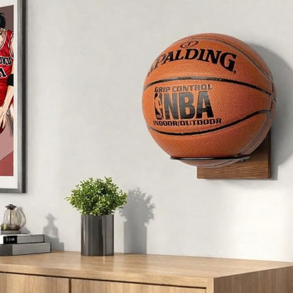 Wall Mount Basketball Holder with Wooden Base, Adjustable Metal Sport Rack for Football Basketball Soccer Rugby Display Rack